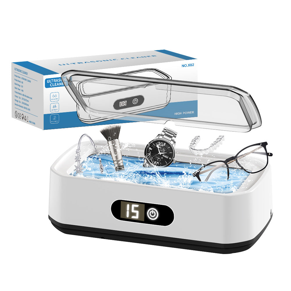 X82 White Ultrasonic Jewelry &amp; Eyeglass Deep Cleaner with Cloth - LCD Digital Display &amp; 5-Level Intelligent Timers and Large 650ml Stainless Steel Tank