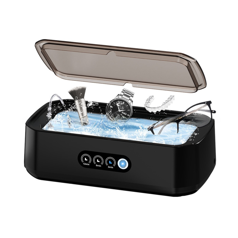 X81 Black Ultrasonic Jewelry &amp; Eyeglass Deep Cleaner with Cloth - Touch Control &amp; 3-Level Intelligent Timers and Large 650ml Stainless Steel Tank