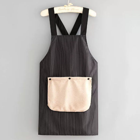 Black Waterproof &amp; Oil-Proof Cross-Back Kitchen Apron with No-Tie Slip-On Design and Detachable Hand Towels