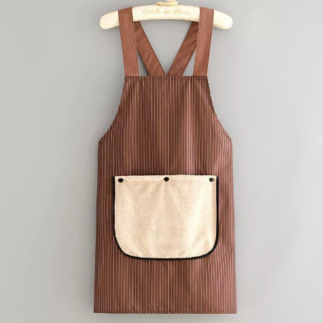 Brown Waterproof &amp; Oil-Proof Cross-Back Kitchen Apron with No-Tie Slip-On Design and Detachable Hand Towels