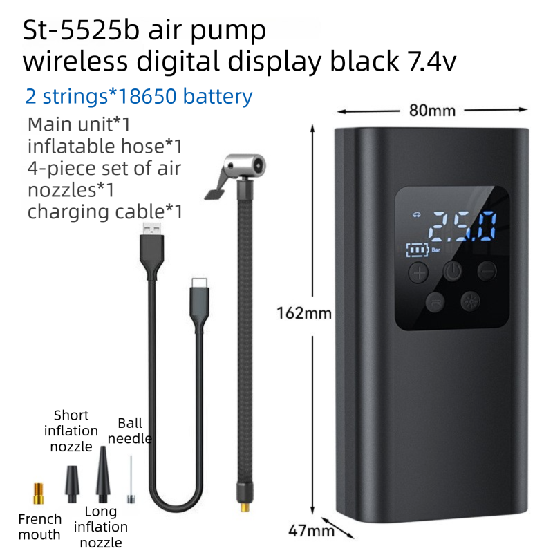 Wireless Rechargeable Tire Inflator with 4 Inflation Modes &amp; 5 Inflatable Parts - Real-Time LCD Precision Gauge, Auto-Stop &amp; Emergency LED Light(2-Cell)