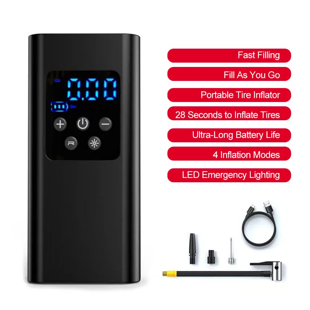 Wireless Rechargeable Tire Inflator with 4 Inflation Modes & 5 Inflatable Parts - Real-Time LCD Precision Gauge, Auto-Stop & Emergency LED Light(3-Cell)