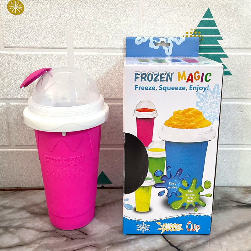 Pink Instant DIY Slushie Squeeze Maker Cup - Food-Grade Silicone Double-Layer Cooling Smoothie Cup with 2-in-1 Straw &amp; Spoon