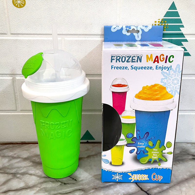 Green Instant DIY Slushie Squeeze Maker Cup - Food-Grade Silicone Double-Layer Cooling Smoothie Cup with 2-in-1 Straw &amp; Spoon