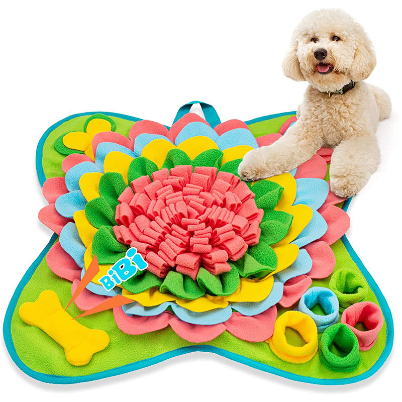 Yellow-Green 50x50CM Soft Dog Sniffing Mat with Colorful Floral &amp; Bone - Pet Stress Relief &amp; Slow Feeding Mat &amp; Enrichment Blanket