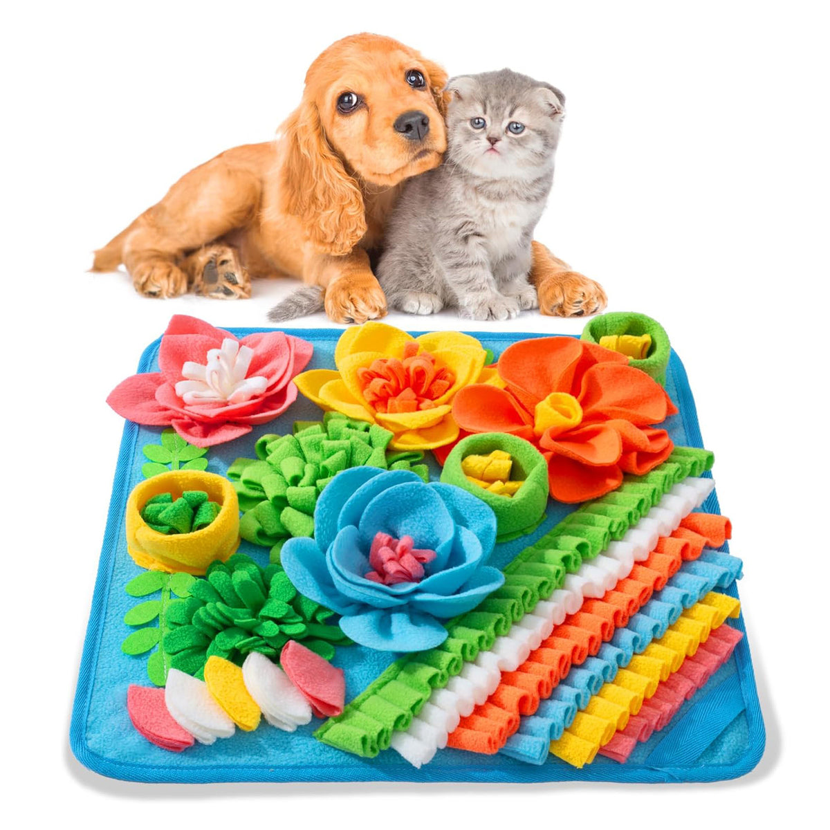 Blue 50X50CM Interactive Fleece Dog Sniffing Mat &amp; Slow Feeder - Stress Relief IQ Training Scent Foraging Blanket for Indoor Cats and Dogs