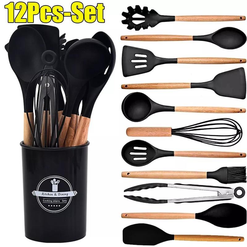 12-Piece Black Heat-Resistant Silicone Cooking Utensils with Wooden Handles and Box - Non-Stick Scratch-Free Kitchen Tool Kit