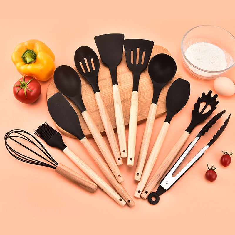 12-Piece Black Heat-Resistant Silicone Cooking Utensils with Wooden Handles and Box - Non-Stick Scratch-Free Kitchen Tool Kit