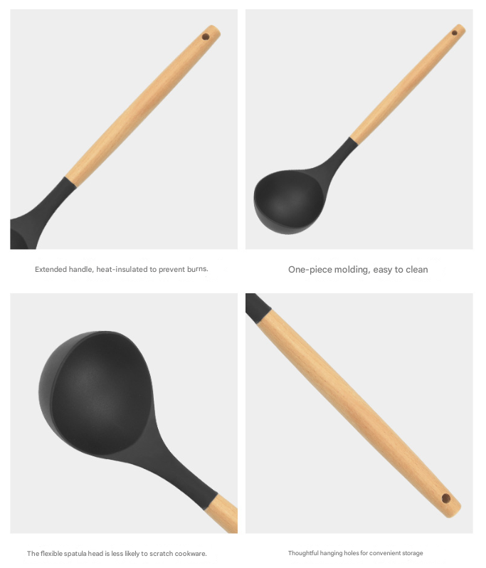 12-Piece Khaki Heat-Resistant Silicone Cooking Utensils with Wooden Handles and Box - Non-Stick Scratch-Free Kitchen Tool Kit
