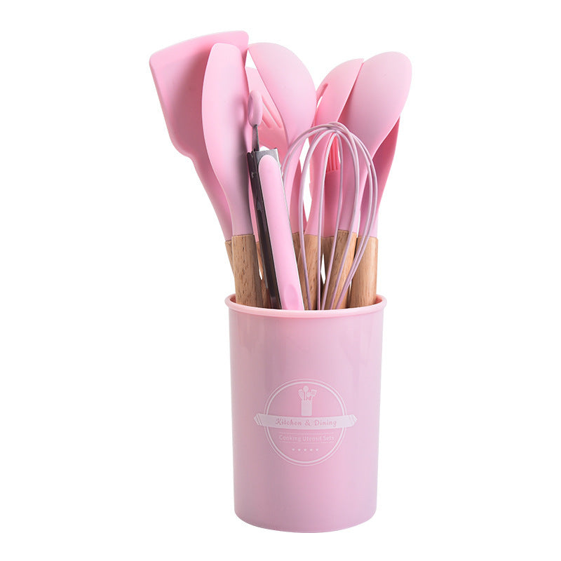 12-Piece Pink Heat-Resistant Silicone Cooking Utensils with Wooden Handles and Box - Non-Stick Scratch-Free Kitchen Tool Kit