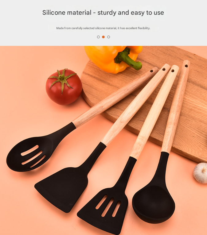 12-Piece Grey Heat-Resistant Silicone Cooking Utensils with Wooden Handles and Box - Non-Stick Scratch-Free Kitchen Tool Kit
