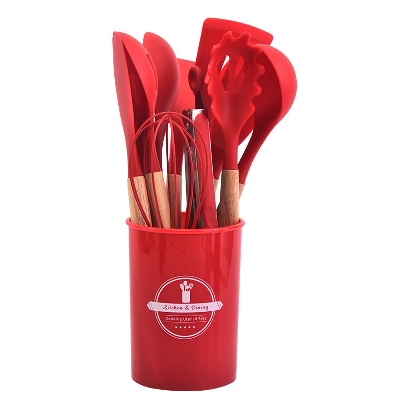 12-Piece Red Heat-Resistant Silicone Cooking Utensils with Wooden Handles and Box - Non-Stick Scratch-Free Kitchen Tool Kit