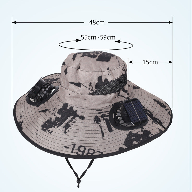 Black Dual Turbo Fan Sun Hat with Round Solar Panel & TypeC Interface - Waterproof 14cm Wide-Brim Cooling Hat for Outdoor Fishing Hiking Camping