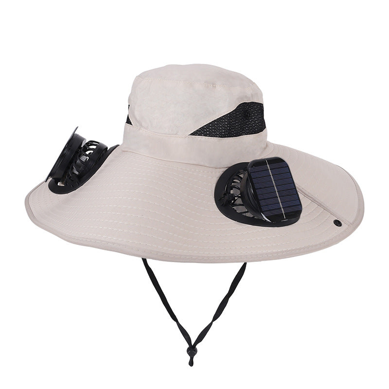 Khaki Dual Turbo Fan Sun Hat with Square Solar Panel &amp; TypeC Interface - Waterproof 14cm Wide-Brim Cooling Hat for Outdoor Fishing Hiking Camping