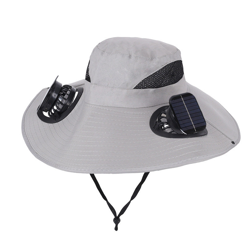 Light Grey Dual Turbo Fan Sun Hat with Square Solar Panel & TypeC Interface - Waterproof 14cm Wide-Brim Cooling Hat for Outdoor Fishing Hiking Camping
