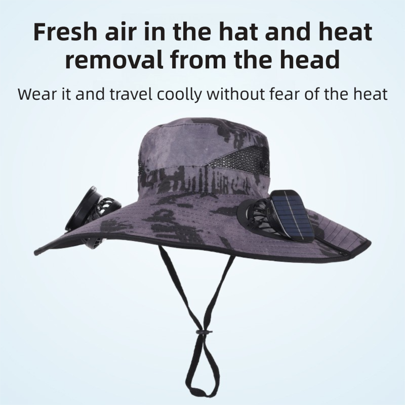 Dark Grey Dual Turbo Fan Sun Hat with Square Solar Panel & TypeC Interface - Waterproof 14cm Wide-Brim Cooling Hat for Outdoor Fishing Hiking Camping