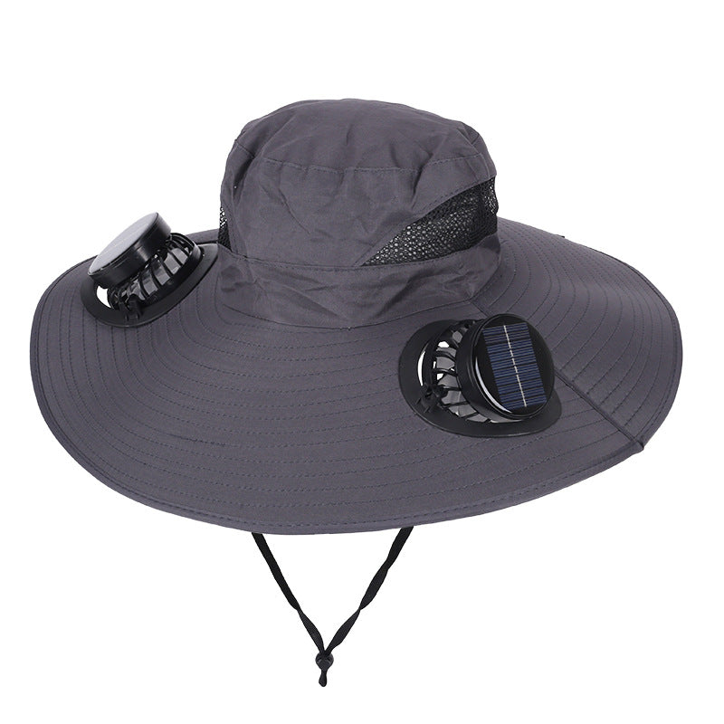 Dark Grey Dual Turbo Fan Sun Hat with Round Solar Panel &amp; TypeC Interface - Waterproof 14cm Wide-Brim Cooling Hat for Outdoor Fishing Hiking Camping