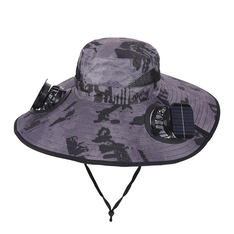 Camouflage Grey Dual Turbo Fan Sun Hat with Square Solar Panel &amp; TypeC Interface - Waterproof 14cm Wide-Brim Cooling Hat for Outdoor Fishing Hiking Camping