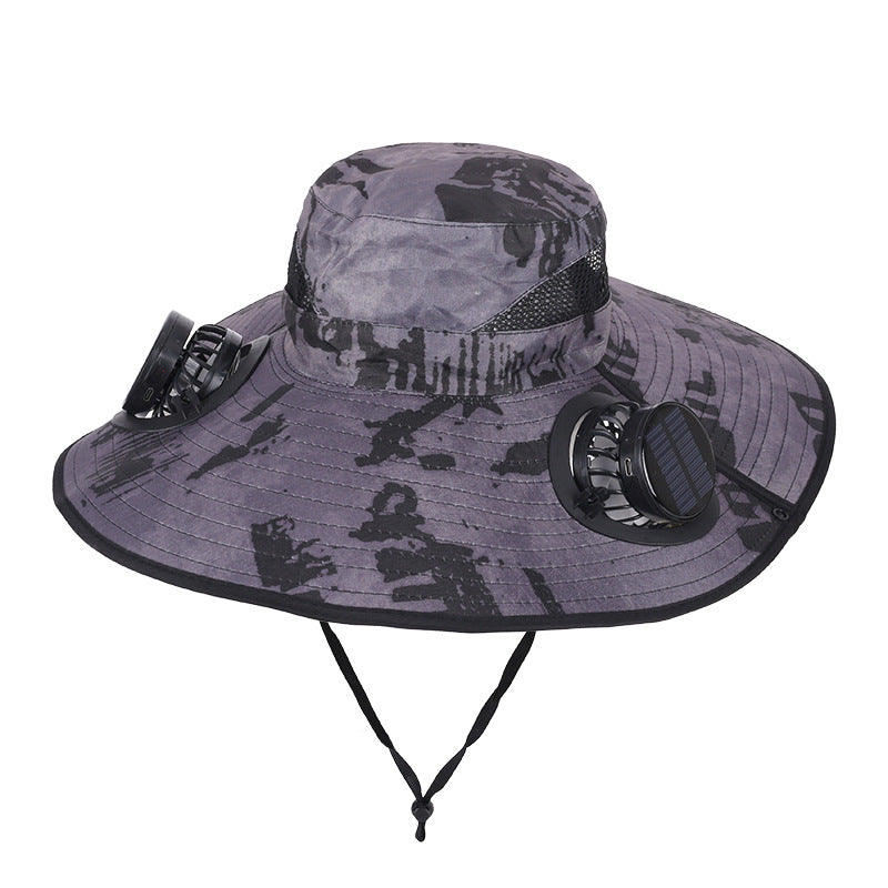 Camouflage Grey Dual Turbo Fan Sun Hat with Round Solar Panel &amp; TypeC Interface - Waterproof 14cm Wide-Brim Cooling Hat for Outdoor Fishing Hiking Camping