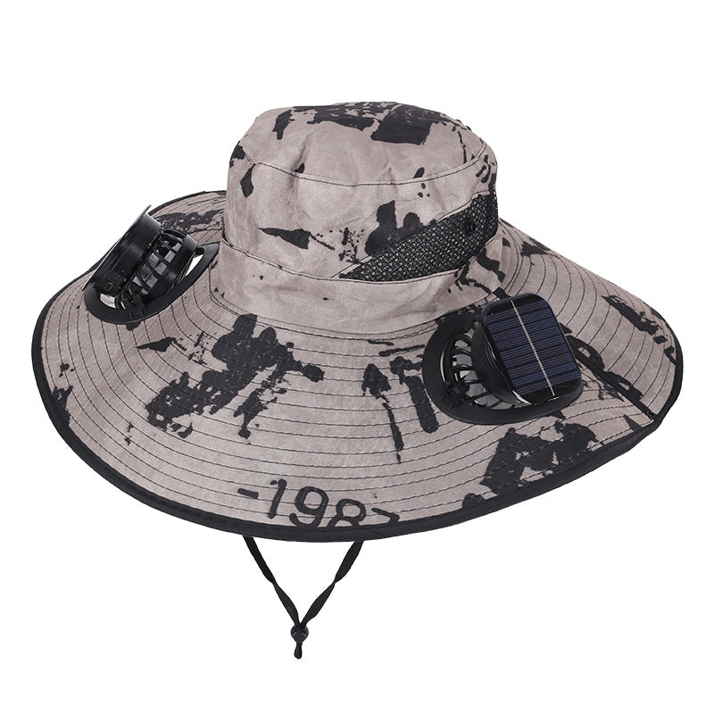 Camouflage Khaki Dual Turbo Fan Sun Hat with Square Solar Panel &amp; TypeC Interface - Waterproof 14cm Wide-Brim Cooling Hat for Outdoor Fishing Hiking Camping