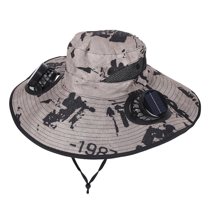 Camouflage Khaki Dual Turbo Fan Sun Hat with Round Solar Panel &amp; TypeC Interface - Waterproof 14cm Wide-Brim Cooling Hat for Outdoor Fishing Hiking Camping