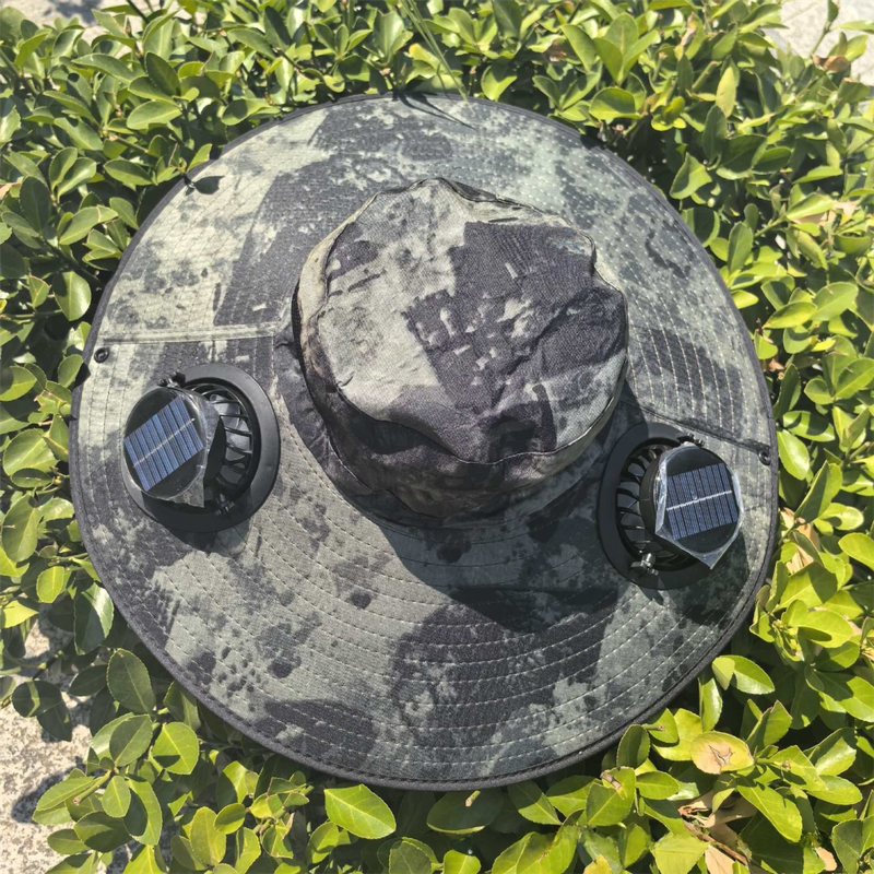 Camouflage Green Dual Turbo Fan Sun Hat with Round Solar Panel &amp; TypeC Interface - Waterproof 14cm Wide-Brim Cooling Hat for Outdoor Fishing Hiking Camping