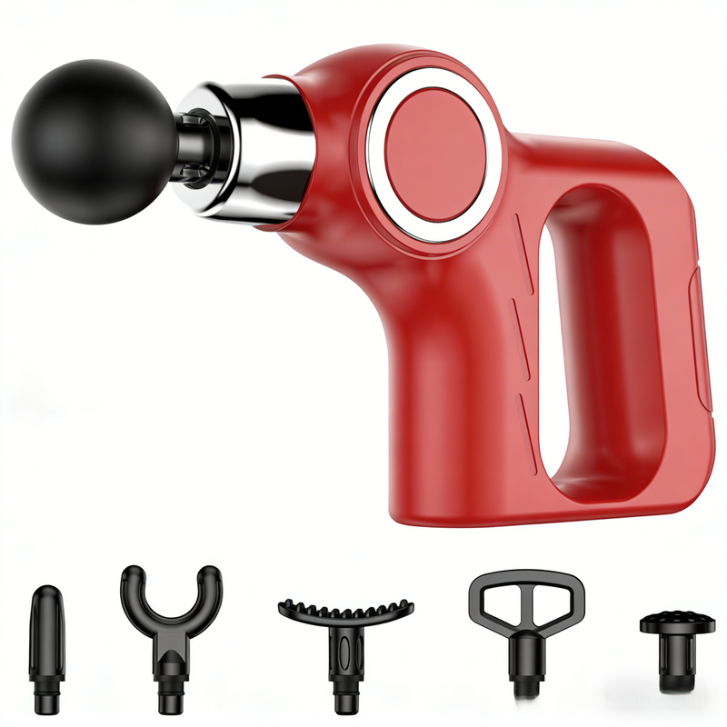 Red Portable Mini Triangle Massage Gun with 6 Heads &amp; 6 Speed Setting - High Frequency Muscle Stimulator for Professional Fitness (Button Model)
