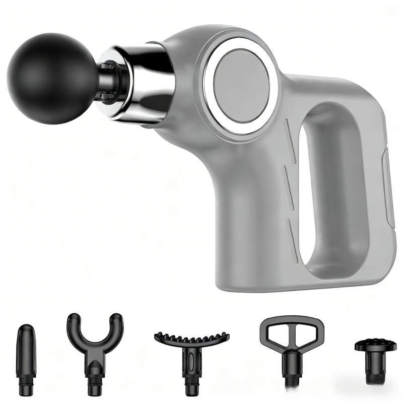 Grey Portable Mini Triangle Massage Gun with 6 Heads &amp; 6 Speed Setting - High Frequency Muscle Stimulator for Professional Fitness (Button Model)