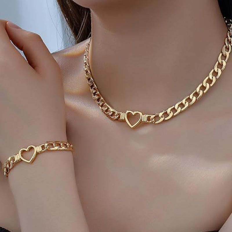 Style 1 Trendy Gold-Plated Heart Necklace &amp; Bracelet Set - Tarnish Free Alloy Cuban Link Jewelry for Fashionable Women