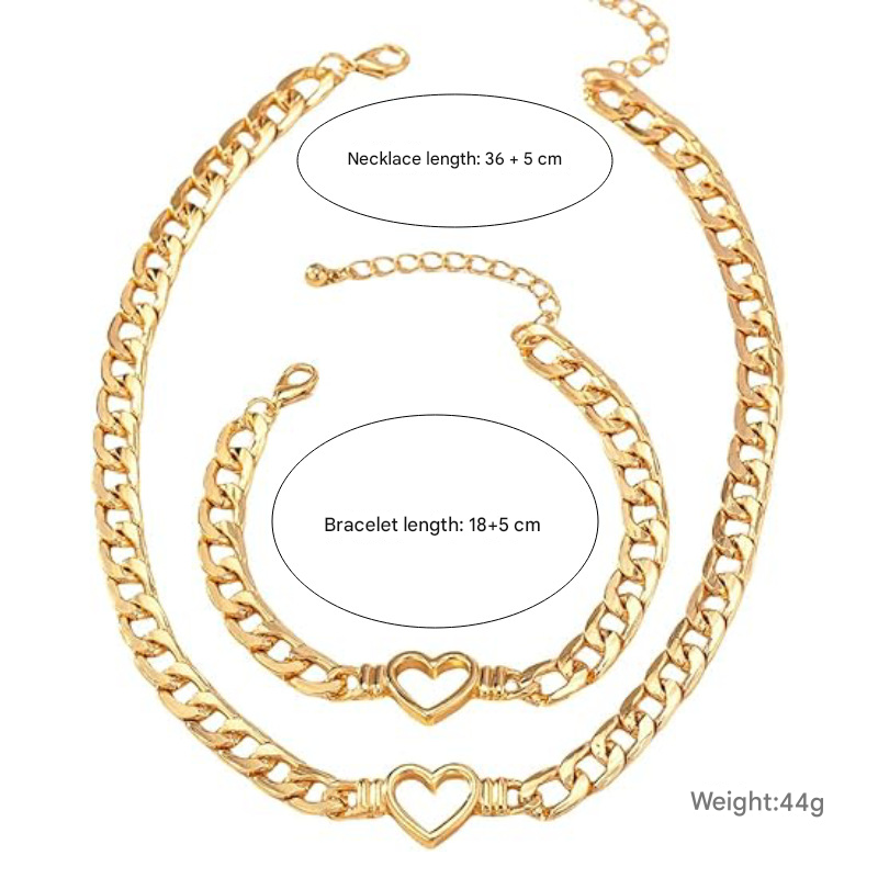 Style 1 Trendy Gold-Plated Heart Necklace & Bracelet Set - Tarnish Free Alloy Cuban Link Jewelry for Fashionable Women