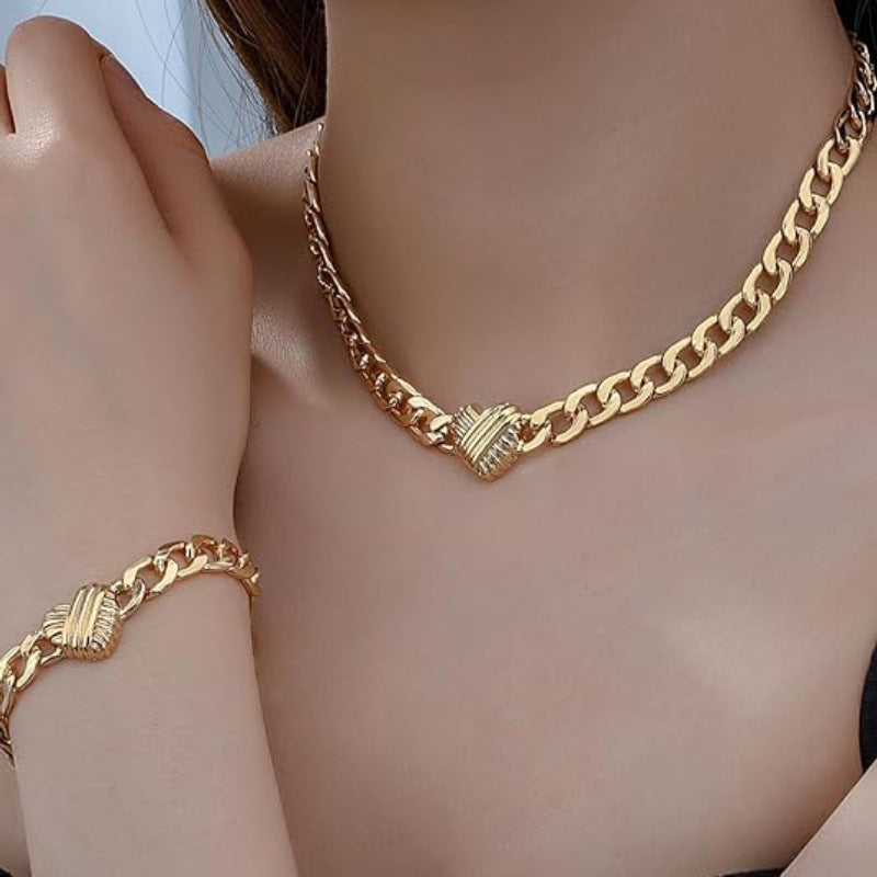 Style 2 Trendy Gold-Plated Heart Necklace &amp; Bracelet Set - Tarnish Free Alloy Cuban Link Jewelry for Fashionable Women