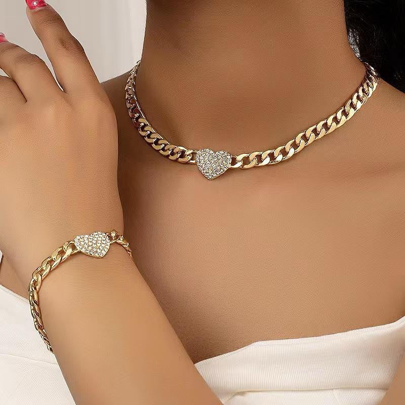 Style 3 Trendy Gold-Plated Heart Necklace & Bracelet Set - Tarnish Free Alloy Cuban Link Jewelry for Fashionable Women
