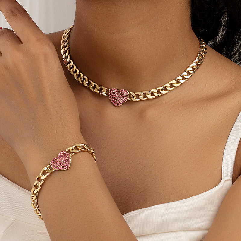 Style 4 Trendy Gold-Plated Heart Necklace & Bracelet Set - Tarnish Free Alloy Cuban Link Jewelry for Fashionable Women