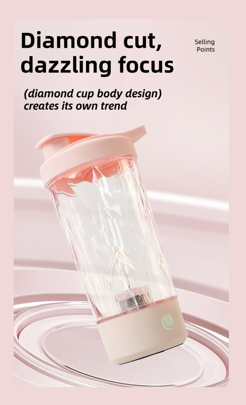 500ML Pink Portable Diamond Electric Shaker - Strong Vortex Stirring, Dual Temperature Endurance & Self-Cleaning for Protein Powder Coffee