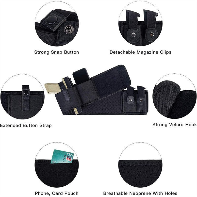 Black Multi-Functional Concealed Tactical Belly Band with Muti-Pouch and Holster - 50 inch Breathable Carry Belt for Outdoor Camping