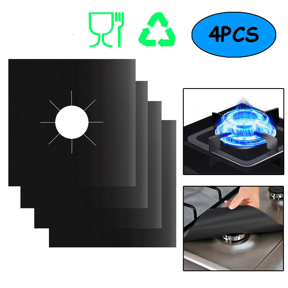 4-Piece Black Reusable Oil-Proof Teflon Stovetop Burner Liners - Cuttable, Non-Stick, Heat-Resistant &amp; Dishwasher Safe Clean Pad