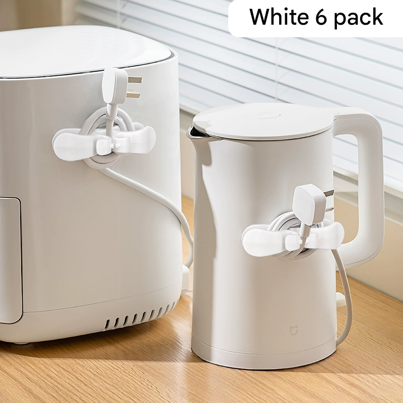 6-Piece White Flexible Silicone Cord Organizer for Curved &amp; Flat Appliance - Drill-Free Tangle-Free Cable Winder &amp; Plug Holder