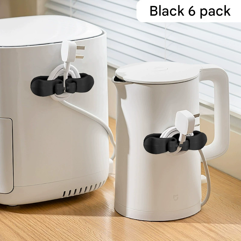 6-Piece Black Flexible Silicone Cord Organizer for Curved &amp; Flat Appliance - Drill-Free Tangle-Free Cable Winder &amp; Plug Holder