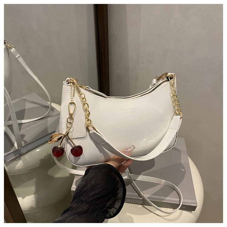 White Chic Glossy PU Leather Underarm Bag &amp; Crossbody Purse with Cherry Charm - Versatile Handbag for Women
