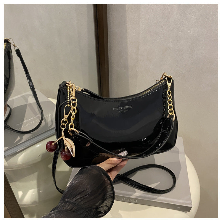 Black Chic Glossy PU Leather Underarm Bag &amp; Crossbody Purse with Cherry Charm - Versatile Handbag for Women