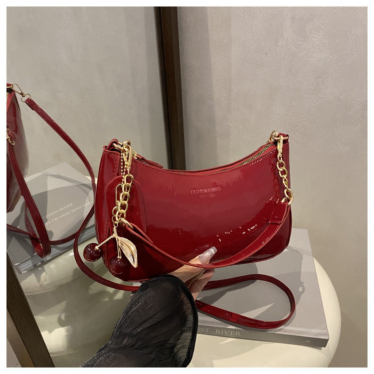 Red Chic Glossy PU Leather Underarm Bag &amp; Crossbody Purse with Cherry Charm - Versatile Handbag for Women