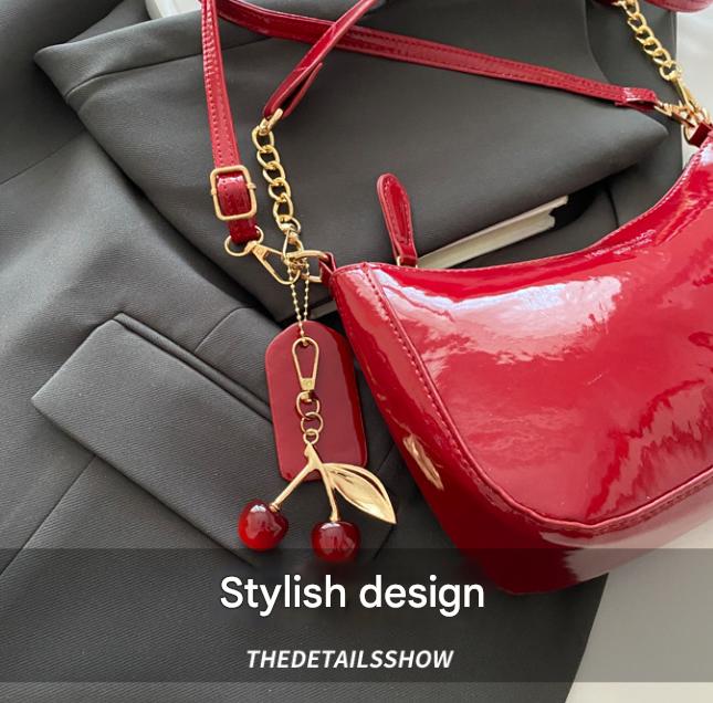Red Chic Glossy PU Leather Underarm Bag & Crossbody Purse with Cherry Charm - Versatile Handbag for Women