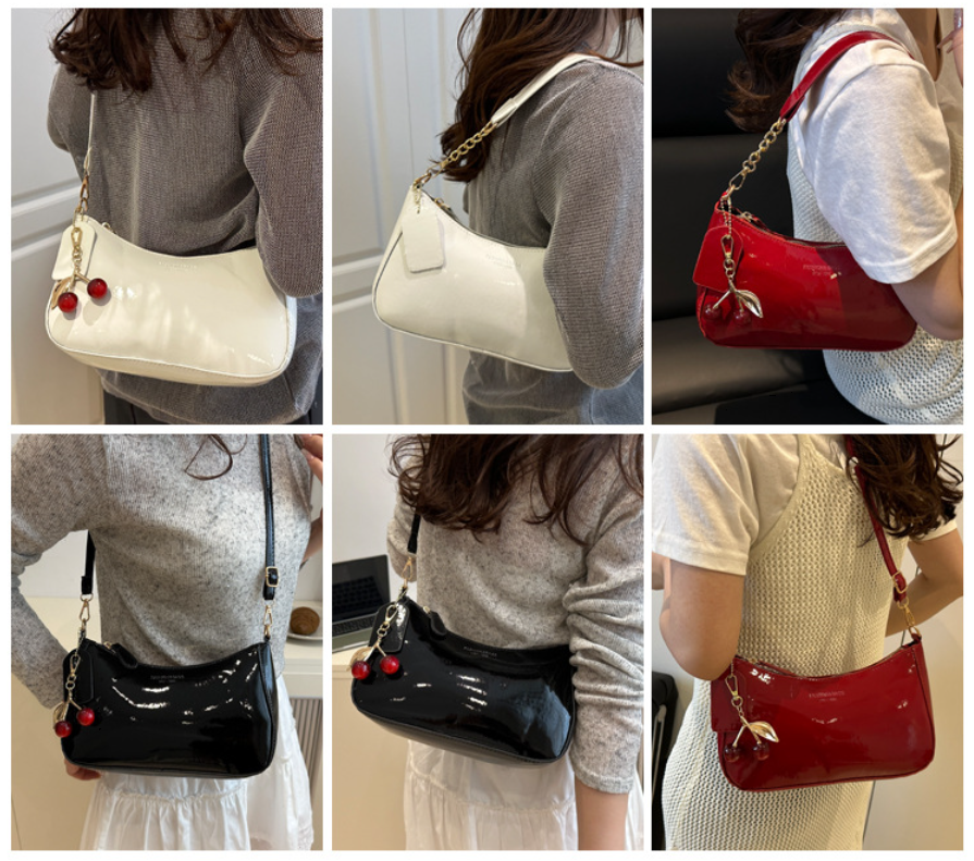 Red Chic Glossy PU Leather Underarm Bag & Crossbody Purse with Cherry Charm - Versatile Handbag for Women