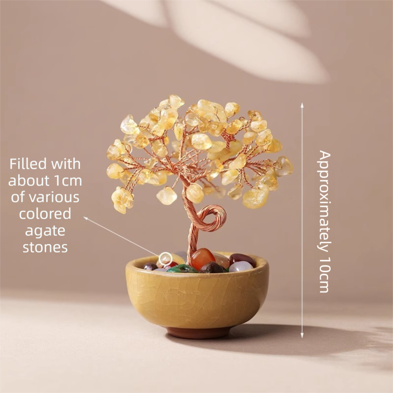 Natural Yellow Crystal Money Tree with Agate Basin &amp; Adjustable Wire Branches - Desktop Feng Shui Decor for Wealth and Prosperity