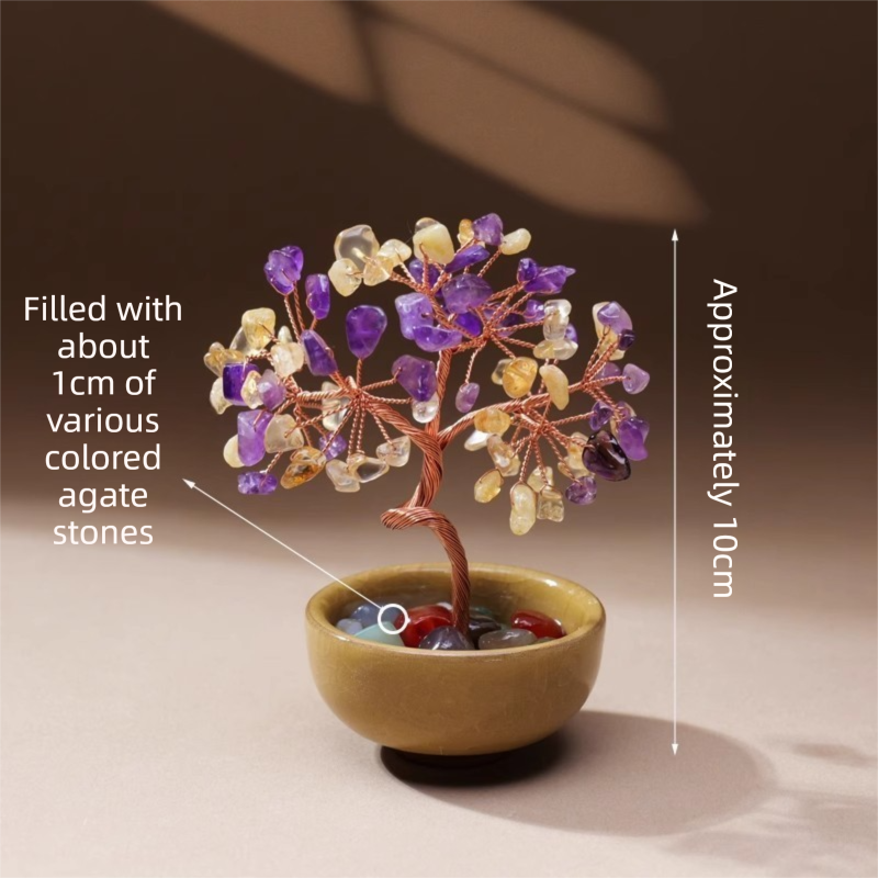 Natural Yellow-Purple Crystal Money Tree with Agate Basin &amp; Adjustable Wire Branches - Desktop Feng Shui Decor for Wealth and Prosperity