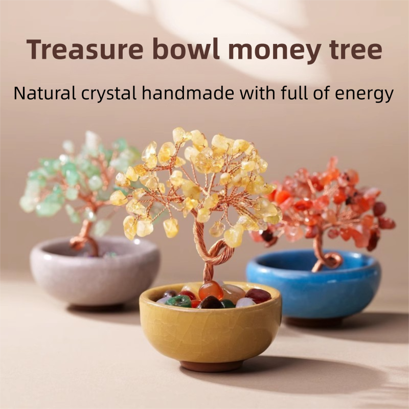 Natural Yellow-Purple Crystal Money Tree with Agate Basin & Adjustable Wire Branches - Desktop Feng Shui Decor for Wealth and Prosperity