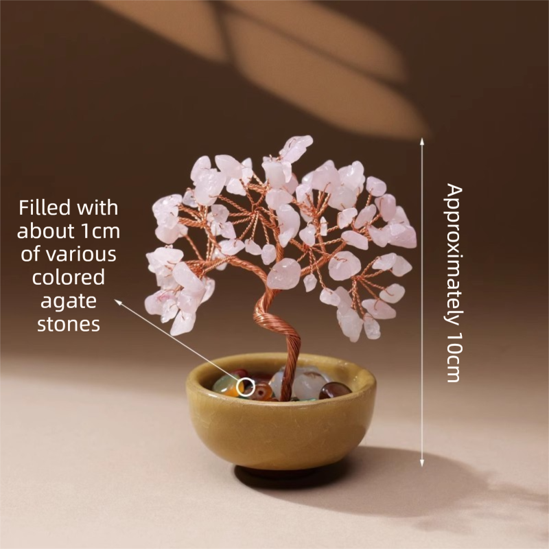 Natural Pink Crystal Money Tree with Agate Basin &amp; Adjustable Wire Branches - Desktop Feng Shui Decor for Wealth and Prosperity