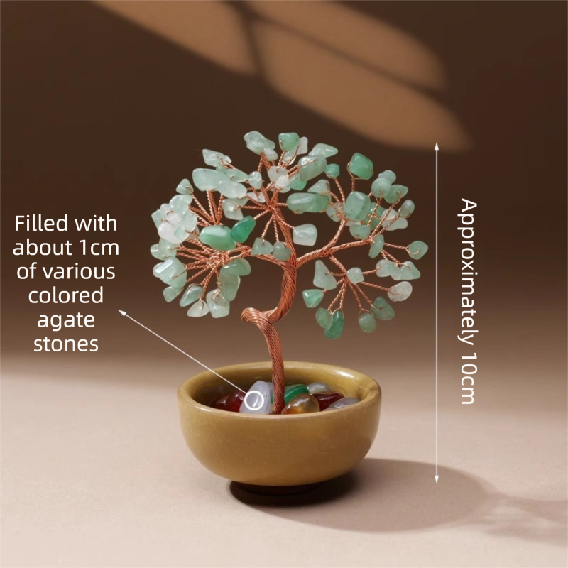 Natural Green Crystal Money Tree with Agate Basin &amp; Adjustable Wire Branches - Desktop Feng Shui Decor for Wealth and Prosperity