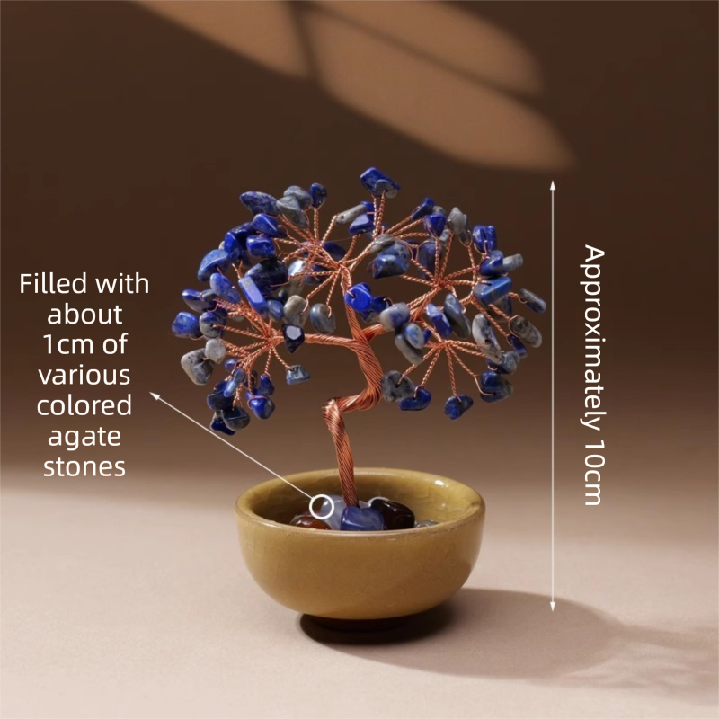 Natural Blue Crystal Money Tree with Agate Basin &amp; Adjustable Wire Branches - Desktop Feng Shui Decor for Wealth and Prosperity