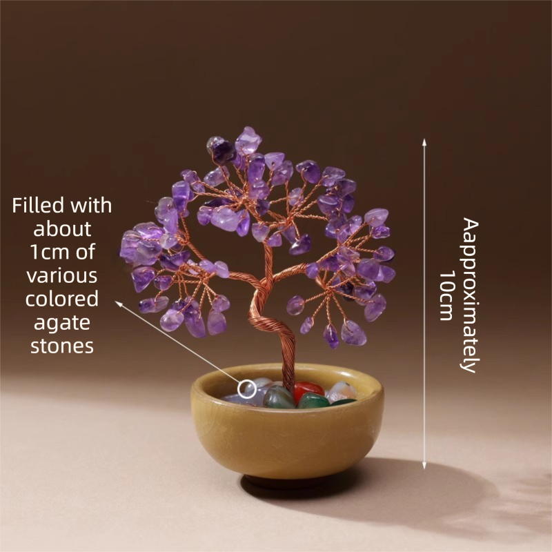 Natural Purple Crystal Money Tree with Agate Basin &amp; Adjustable Wire Branches - Desktop Feng Shui Decor for Wealth and Prosperity